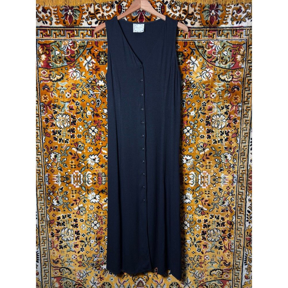 Vintage 90s Dressing Clio Minimal Black Button Front Slip Dress Made in USA sz L